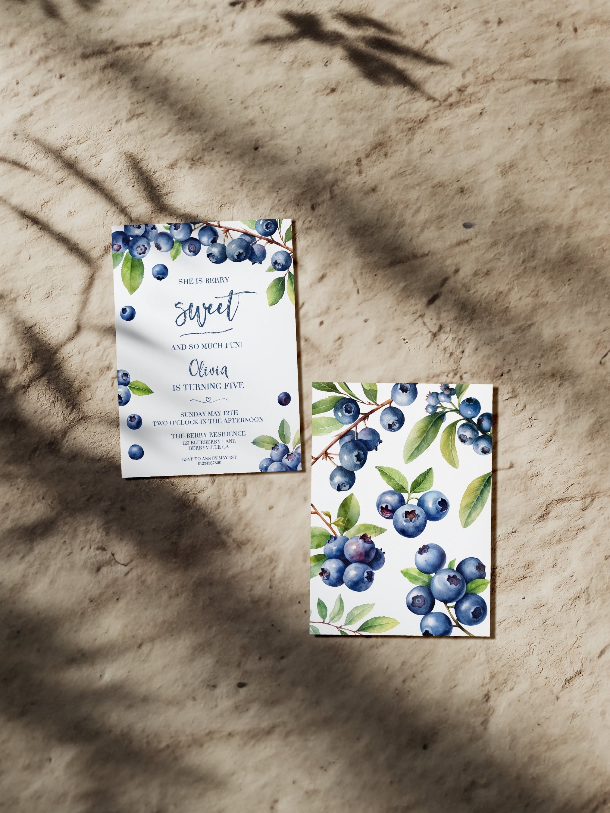 Blueberry 'Berry Sweet' Birthday Invitation - Gender Neutral, Editable  Printable Watercolor Blueberries Party Invite, Any Age, Digital: ABS1, image size:2025x2700