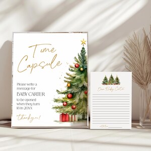 Christmas Baby Shower Time Capsule Game - Editable Printable Festive Winter Holiday Activity Milestone Sign & Card Party Decor Template GCT1