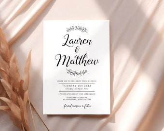 Printable Wedding Invitation Template - Minimalist Design with Cursive Text & Floral Decals, Editable DIY Wedding Stationery on Templett MW1
