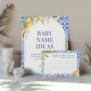 Lemon Mediterranean Baby Name Ideas Game Sign & Card - Printable Amalfi Coast Shower Activity, Blue Yellow Tiles, Italy Positano Decor: MP12