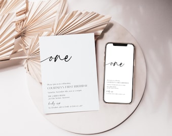 Minimalist First Birthday Invitation - Editable & Printable Elegant Simple Gender Neutral Modern 1st One Birthday Party Invite Template: ME1