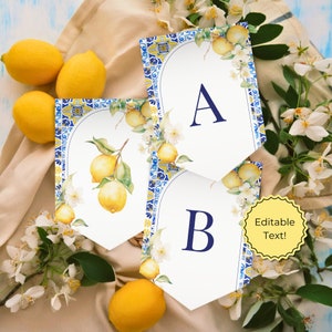 Lemon Mediterranean Bunting Template - Amalfi Coast Positano Baby Bridal Shower Banner, Editable Printable Garland, Blue Yellow Tile: MP12
