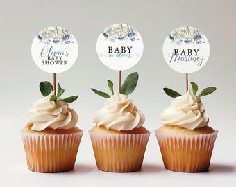 Editable Dusty Blue Baby Shower Cupcake Toppers - 'Baby in Bloom' Cake Decor, Hydrangea Wildflower Floral, Printable Party Sticker: BIB1