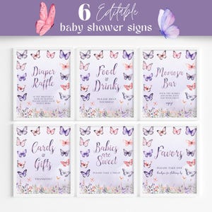 Butterfly Baby Shower Sign Bundle - Pink Purple Enchanted Garden Floral Girl Baby Shower Decor, Editable Printable Table Signage Set: ETM
