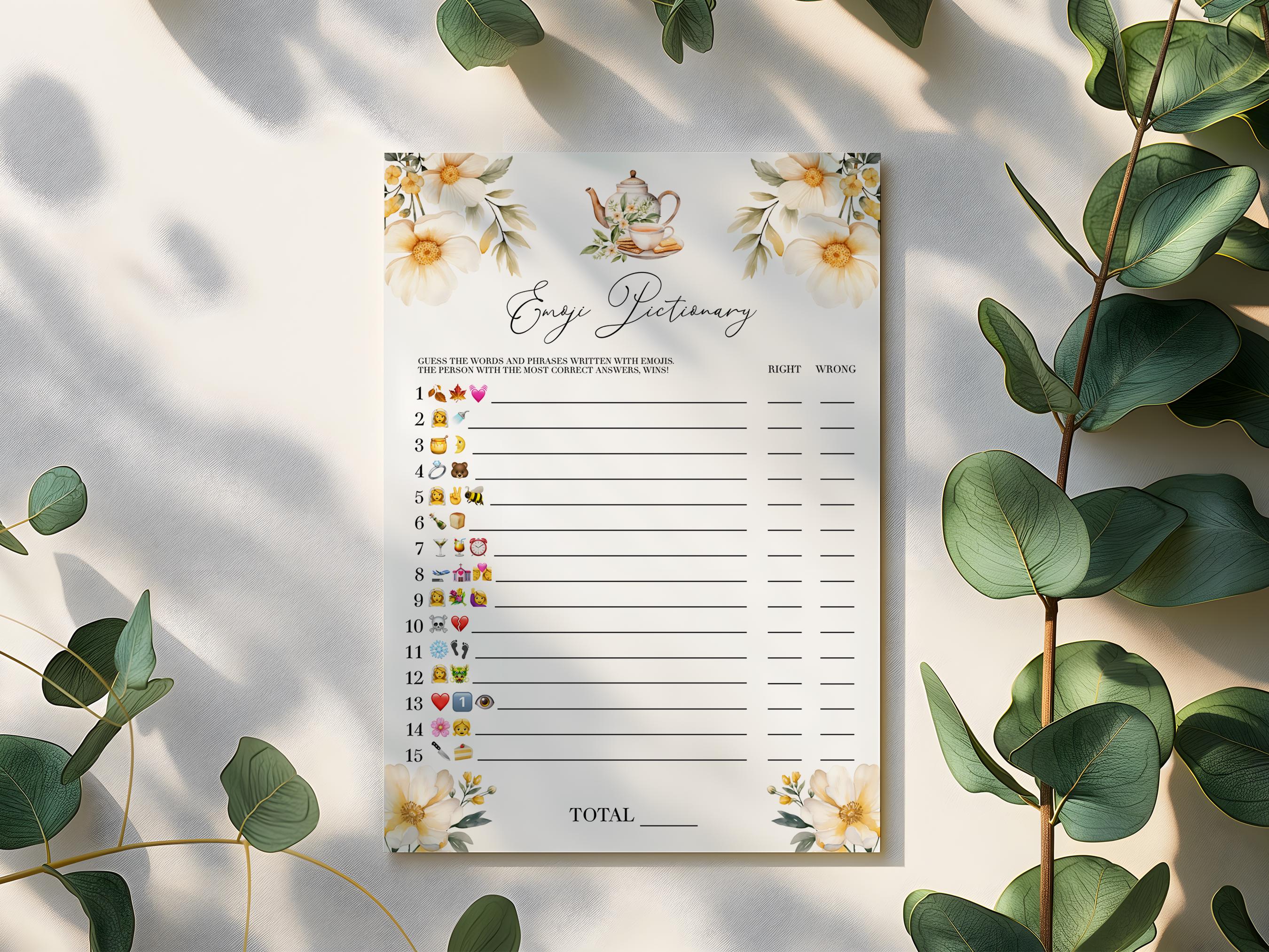 Tea Pictionary Tea Party Emoji Pictionary Bridal Shower Game - Editable Printable ...