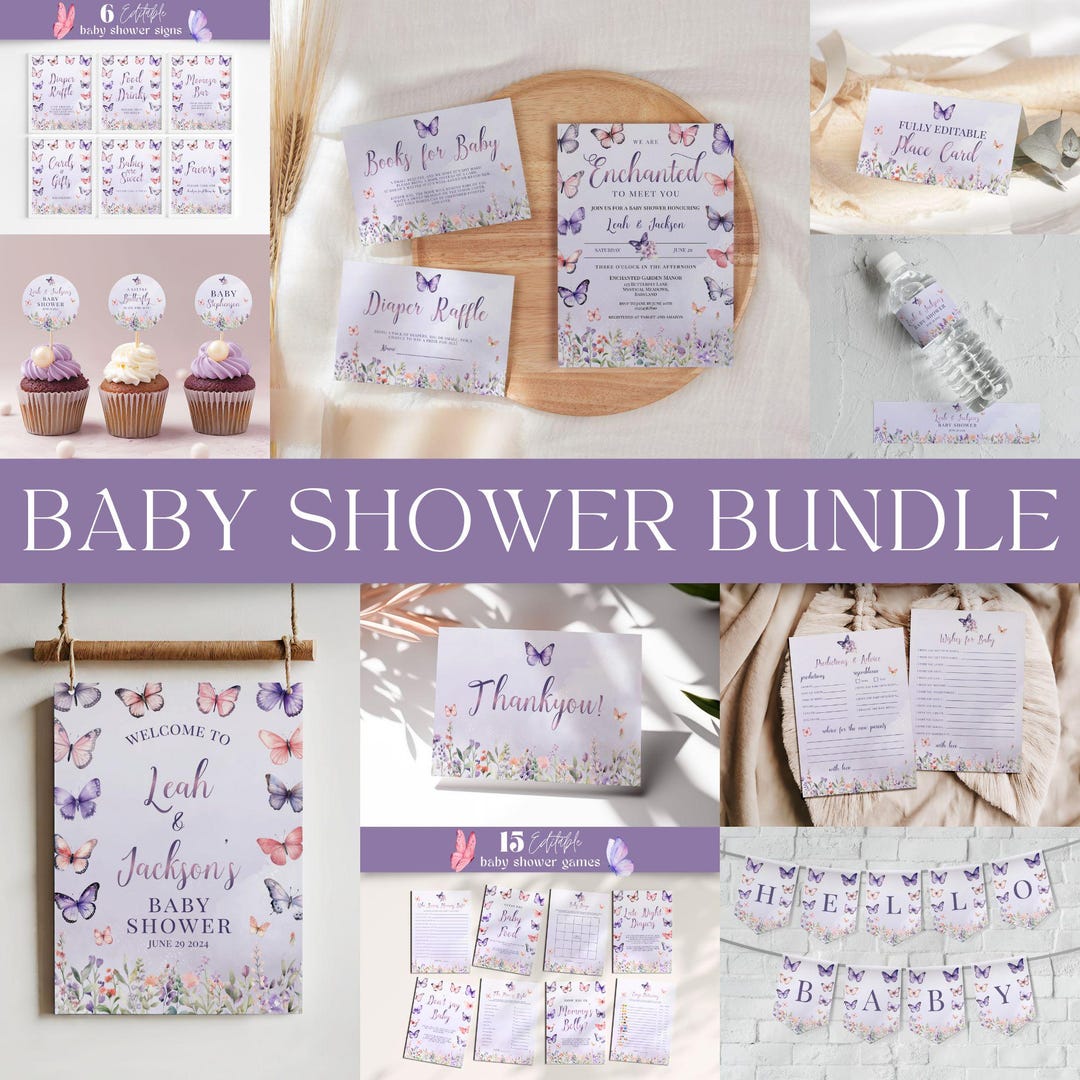 Editable Butterfly Baby Shower Bundle - Enchanted Garden Pink Purple ...