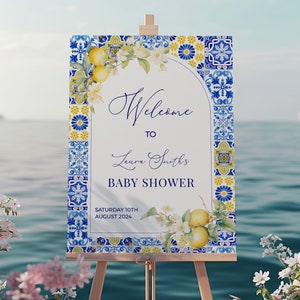 Lemon Mediterranean Baby Shower Welcome Sign - Amalfi Coast Poster, Blue Yellow  Azulejo Tiles, Printable Editable Positano Template: MP12