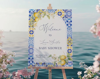Lemon Mediterranean Baby Shower Welcome Sign - Amalfi Coast Poster, Blue Yellow  Azulejo Tiles, Printable Editable Positano Template: MP12