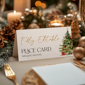 Christmas Place Card Template - Holiday Shower Party Food Tent Table Decor Winter Wonderland Seating Cards Festive Name Settings Label: GCT1