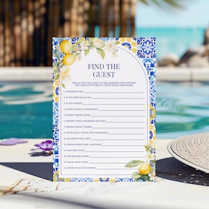 Lemon Mediterranean Find the Guest Game - Amalfi Coast Positano Italian Bridal or Baby Shower Icebreaker Activity, Find Someone Who: MP12