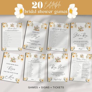 Tea Party Bridal Shower Game Bundle - Editable & Printable 20 Fun Party Games, White Yellow Floral High Tea Teapot Activity Templates: TFT1