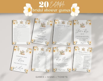 Tea Party Bridal Shower Game Bundle - Editable & Printable 20 Fun Party Games, White Yellow Floral High Tea Teapot Activity Templates: TFT1