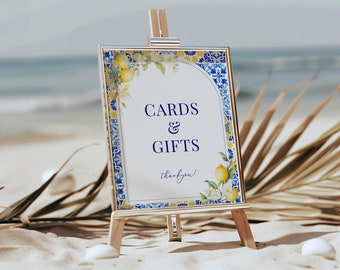 Lemon Mediterranean Cards & Gifts Sign - Amalfi Coast Bridal + Baby Shower Decor, Blue Yellow Azulejo Tile, Printable Table Signage: MP12