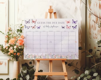 Butterfly Guess the Due Date Calendar Sign - Pink Purple Girl Baby Shower Decor Game, Enchanted Garden Guess Baby's Arrival Predictions: ETM