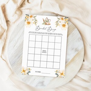 Tea Party Bridal Bingo Game - High Tea White + Yellow Floral Bridal Shower Template, Editable & Printable Teapot Wedding Activity Card: TFT1
