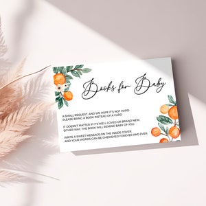 A Little Cutie Books for Baby Card - Gender Neutral Baby Shower Bring A Book Request Insert, Orange Citrus Editable Printable Template: ALC1