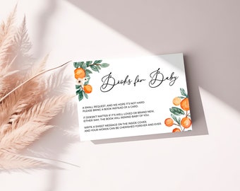 A Little Cutie Books for Baby Card - Gender Neutral Baby Shower Bring A Book Request Insert, Orange Citrus Editable Printable Template: ALC1