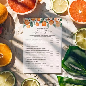 Orange Blossom Over or Under Bridal Shower Game - Editable Printable Summer Brunch Citrus Wedding Trivia Couples Activity Card Template ALC1