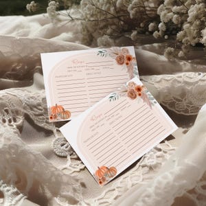 Fall Pumpkin Recipe Card - Editable & Printable Baby/Bridal Shower Recipe Request Insert, Boho Rustic Pampas Floral Autumn Event Decor: FPP1