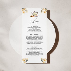 Editable Tea Party Menu Template - High Tea Baby or Bridal Shower, Printable Afternoon Tea, White & Yellow Floral Garden Party, Teapot: TFT1