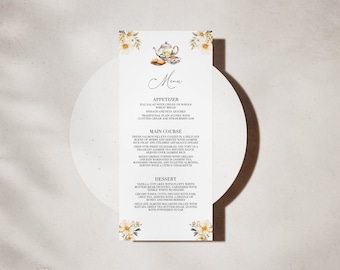 Editable Tea Party Menu Template - High Tea Baby or Bridal Shower, Printable Afternoon Tea, White & Yellow Floral Garden Party, Teapot: TFT1