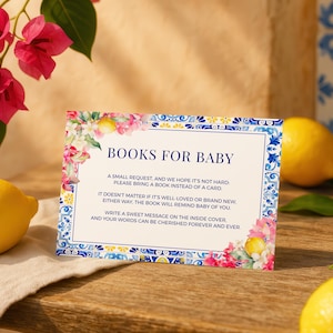 Lemon Bougainvillea Books For Baby Card - Editable Printable Citrus Italian Mediterranean Baby Shower Bring A Book Request Insert: MP22