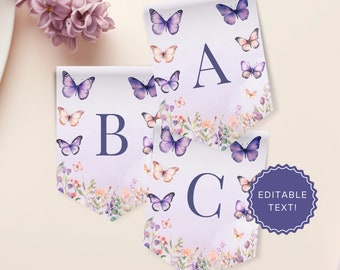 Butterfly Baby Shower Bunting - Pink Purple Floral Banner, Enchanted Garden Girl Party Decor, Editable Printable DIY Garland Template: ETM