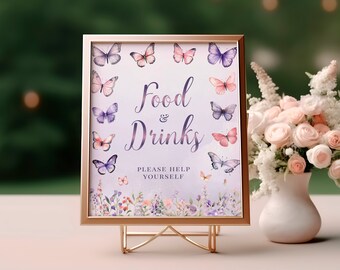 Butterfly Baby Shower Food & Drinks Sign - Pink Purple Enchanted Garden Floral Table Party Decor, Editable Printable Buffet Template: ETM