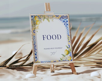 Lemon Mediterranean Food Sign - Blue + Yellow Azulejo Tile, Editable Printable Baby & Bridal Shower Table Decor, Buffet Station Signage MP12