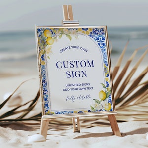 Editable Lemon Mediterranean Custom Blank Sign - Amalfi Coast Italian Blue Yellow Tile, Printable DIY Table Bridal Baby Shower Signage: MP12