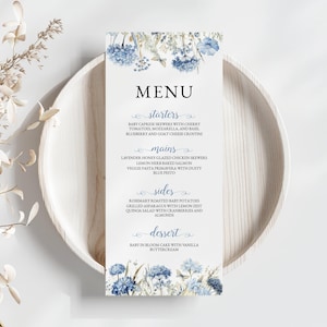Dusty Blue Floral Baby Shower Menu Template - 'Baby in Bloom' Editable & Printable, Wildflower Dinner Menu, Food Card INSTANT DOWNLOAD: BIB1