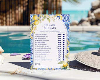 Lemon Mediterranean He Said She Said Game - Amalfi Coast Positano Italian Bridal Shower Guess Who Said It Bride or Groom Activity Card: MP12
