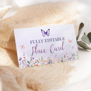Whimsical Butterfly Place Card Template - Pink Purple Garden Girl Baby Shower Decor, Editable Printable Food Tent, Seating Name Labels: ETM