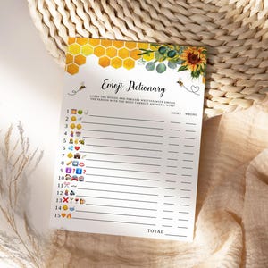 Emoji Pictionary Baby Shower Game, Sunflower & Bee Design, Editable Honeycomb Print, Shower Activity Gift INSTANT DOWNLOAD, Templett: SHB1