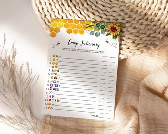 Emoji Pictionary Baby Shower Game, Sunflower & Bee Design, Editable Honeycomb Print, Shower Activity Gift INSTANT DOWNLOAD, Templett: SHB1