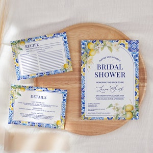 Lemon Mediterranean Bridal Shower Invitation Suite - Editable Printable Amalfi Coast Positano Invite, Recipe & Details Insert Card Set: MP12