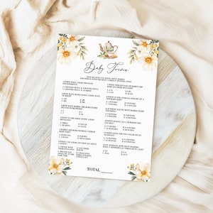 Tea Party Baby Trivia Game - High Tea Baby Shower Activity Card, A Baby is Brewing, Editable & Printable Template, Floral Teapot Party: TFT1