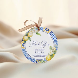 Lemon Mediterranean Thank You Tags - Italian Positano Amalfi Coast Shower Favors, Blue Yellow Tile, Editable Printable Square & Circle: MP12