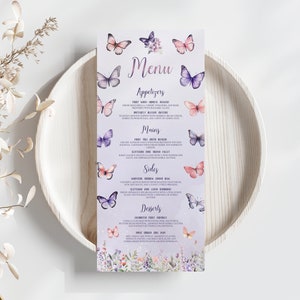 Butterfly Baby Shower Menu Template - Pink Purple Floral Whimsical Garden Girl Party Decor, Editable Printable Reception Dinner Brunch: ETM