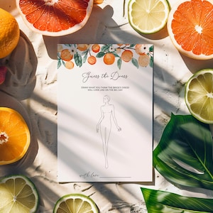 Orange Blossom Guess the Dress Game - Editable Printable Brunch Summer Citrus Bridal Shower Draw The Wedding Dress Activity Template: ALC1