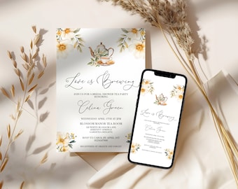 Tea Party Bridal Shower Invitation - Love is Brewing, White & Yellow Floral, High Tea, Afternoon Tea Time, Editable Printable Template: TFT1