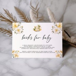 Tea Party Baby Shower Books for Baby Insert Card - Time for Tea with Mommy-to-Be, White & Yellow Floral High Tea, Editable + Printable: TFT1