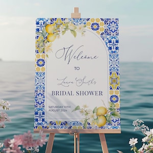 Lemon Mediterranean Bridal Shower Welcome Sign - Amalfi Coast Positano Editable Printable Template, Italy Blue & Yellow Tile Poster: MP12