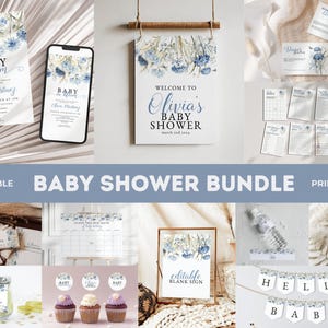 Dusty Blue Floral Baby Shower Bundle, Editable Bloom Theme Kit, Printable Baby In Bloom Party Set, Instant Download Baby Shower Gift: BIB1