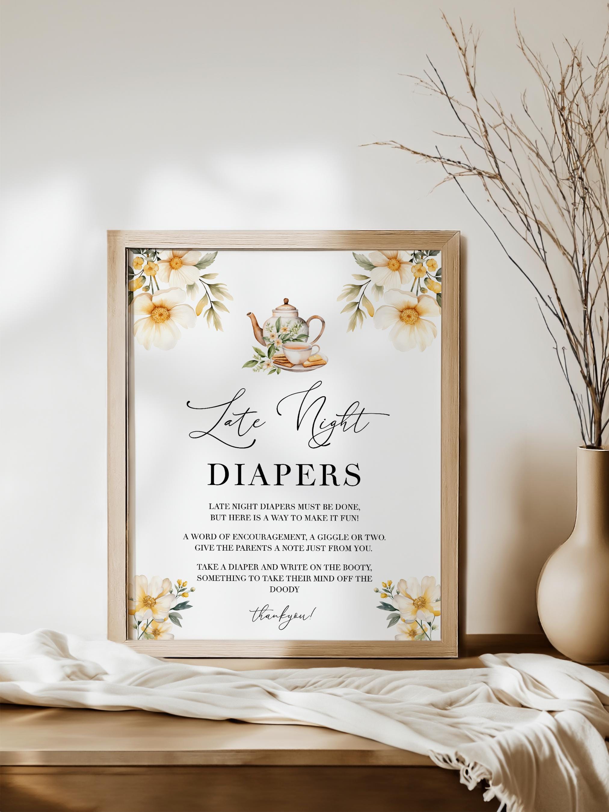 Tea Party Late Night Diapers Game Sign - White Floral High Tea Baby ...