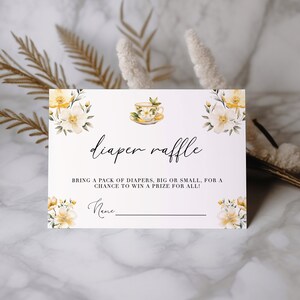Tea Party Diaper Raffle Ticket - High Tea Baby Shower Game, Time For Tea With Mommy To Be, White & Yellow Floral, Editable + Printable: TFT1