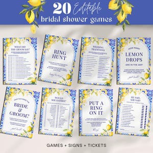 Lemon Mediterranean Bridal Shower Game Bundle - Editable & Printable 20 Fun Party Games, Amalfi Coast Italy Positano Sorrento Templates MP12