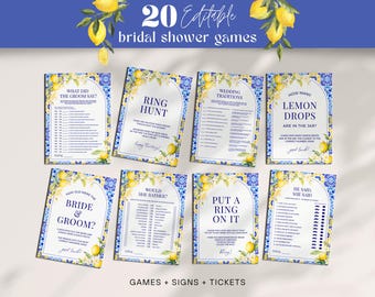 Lemon Mediterranean Bridal Shower Game Bundle - Editable & Printable 20 Fun Party Games, Amalfi Coast Italy Positano Sorrento Templates MP12