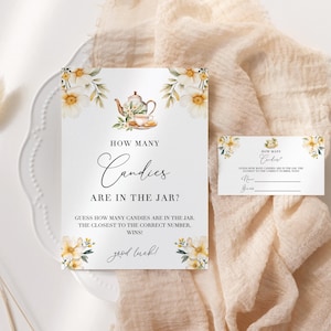 Tea Party Guess How Many Candies in the Jar? Baby Shower Game - White Floral High Tea Candy Guessing Activity, Teapot Sign + Ticket: TFT1