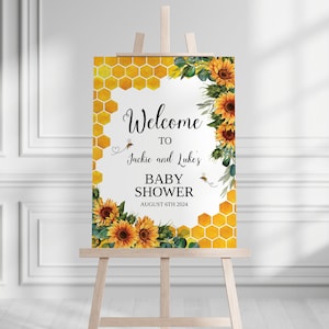 Printable Baby Shower Welcome Sign - Sunflower Honey Bee Design, Customizable Honeycomb Decor, INSTANT DOWNLOAD, Templett: SHB1